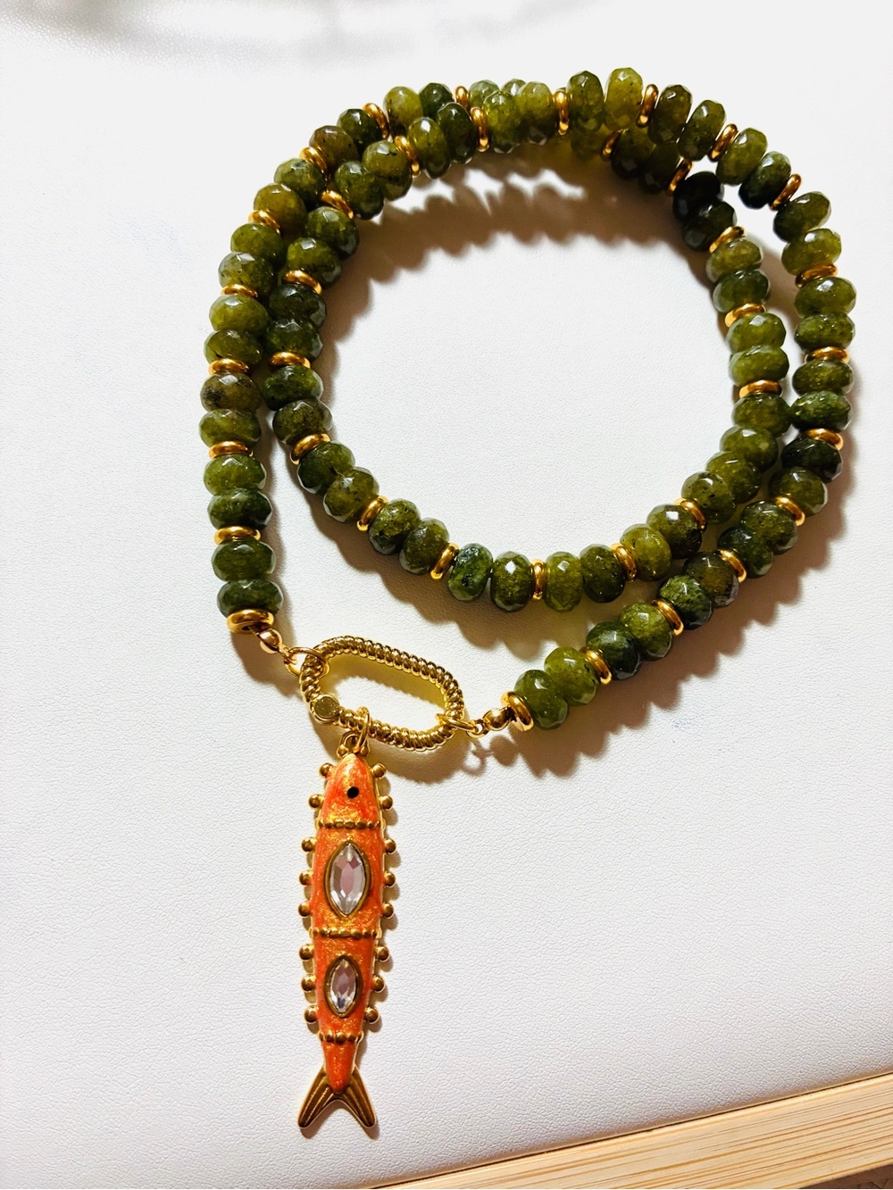 Green Apple Beaded Necklace with Orange Fish Pendant -